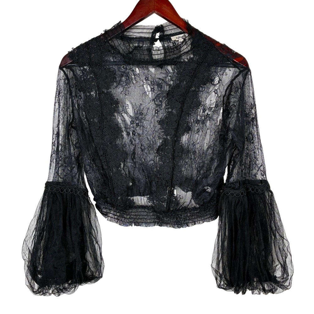 Top Sz L Lace Sheer Whimsigoth Bell Sleeve Victorian Gothic Fairy Romantic Vamp